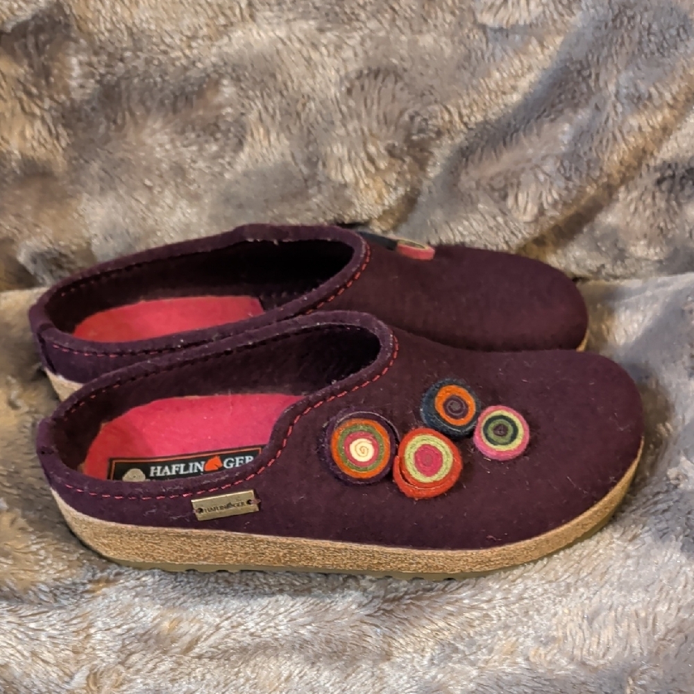 Haflinger Purple Felt Slip-On Mules with Multicolor Circle Accents - Picture 2 of 5